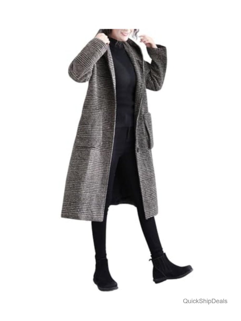 Women's Houndstooth Plaid Wool Blend Long Coat with Hood